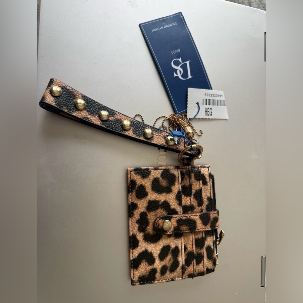 DS Bags Leopard Studded Wristlet Wallet NWT Gold Hardware ID Window